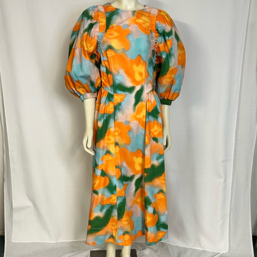 Vibrant Orange & Teal Floral Puff-Sleeve Maxi Dress